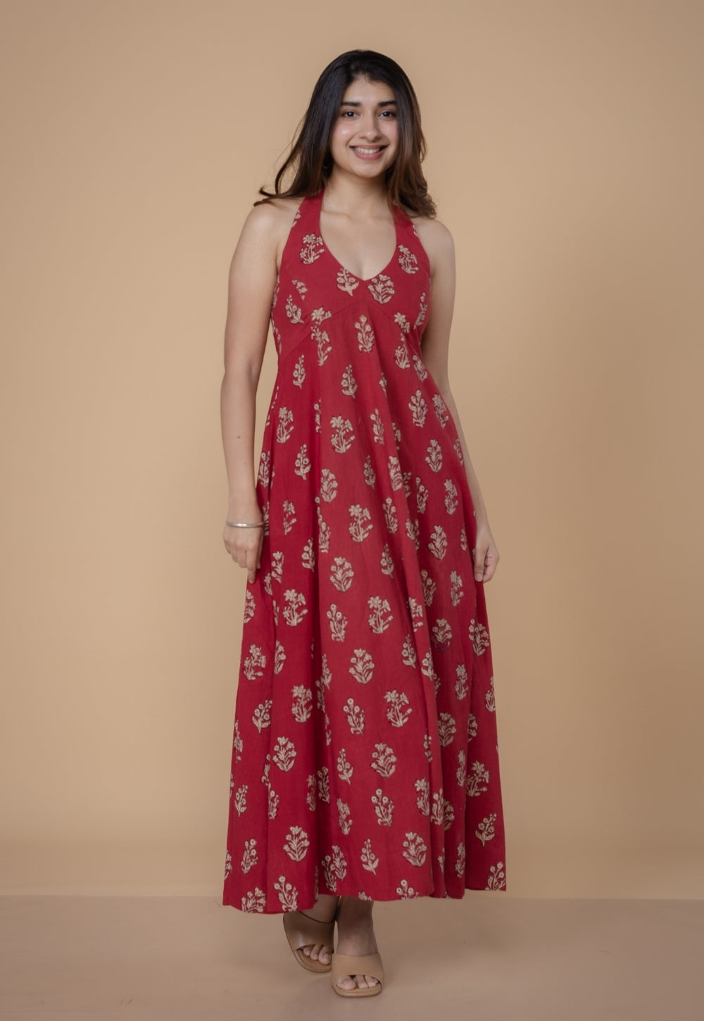 Sanyukta Red Dabu Slub Cotton A Line Dress