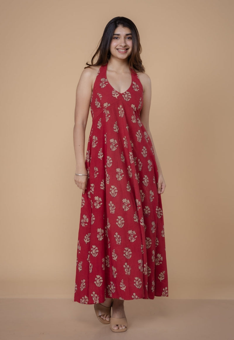 Sanyukta Red Dabu Slub Cotton A Line Dress