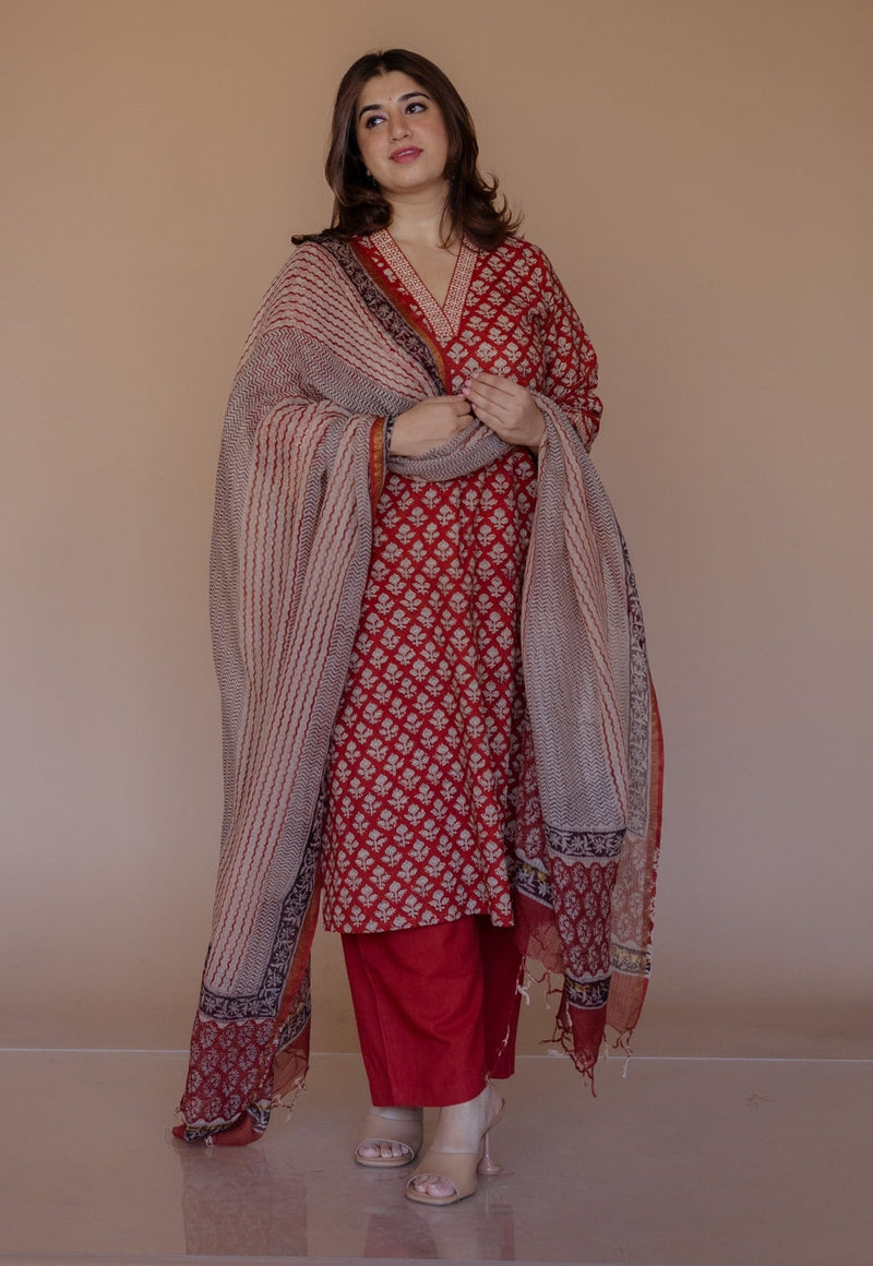 Shanza Red Bagru Cotton Straight Kurta
