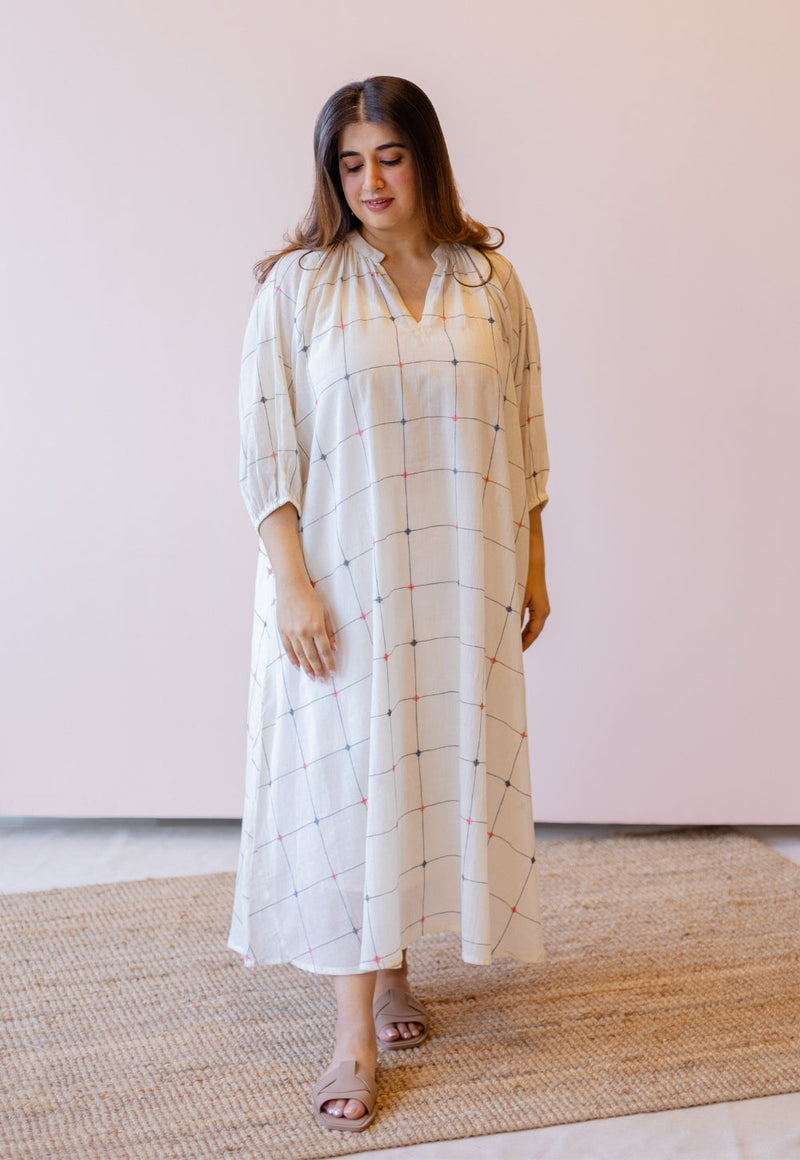Eva Off White Jamdani Handloom Cotton Anti-Fit Dress