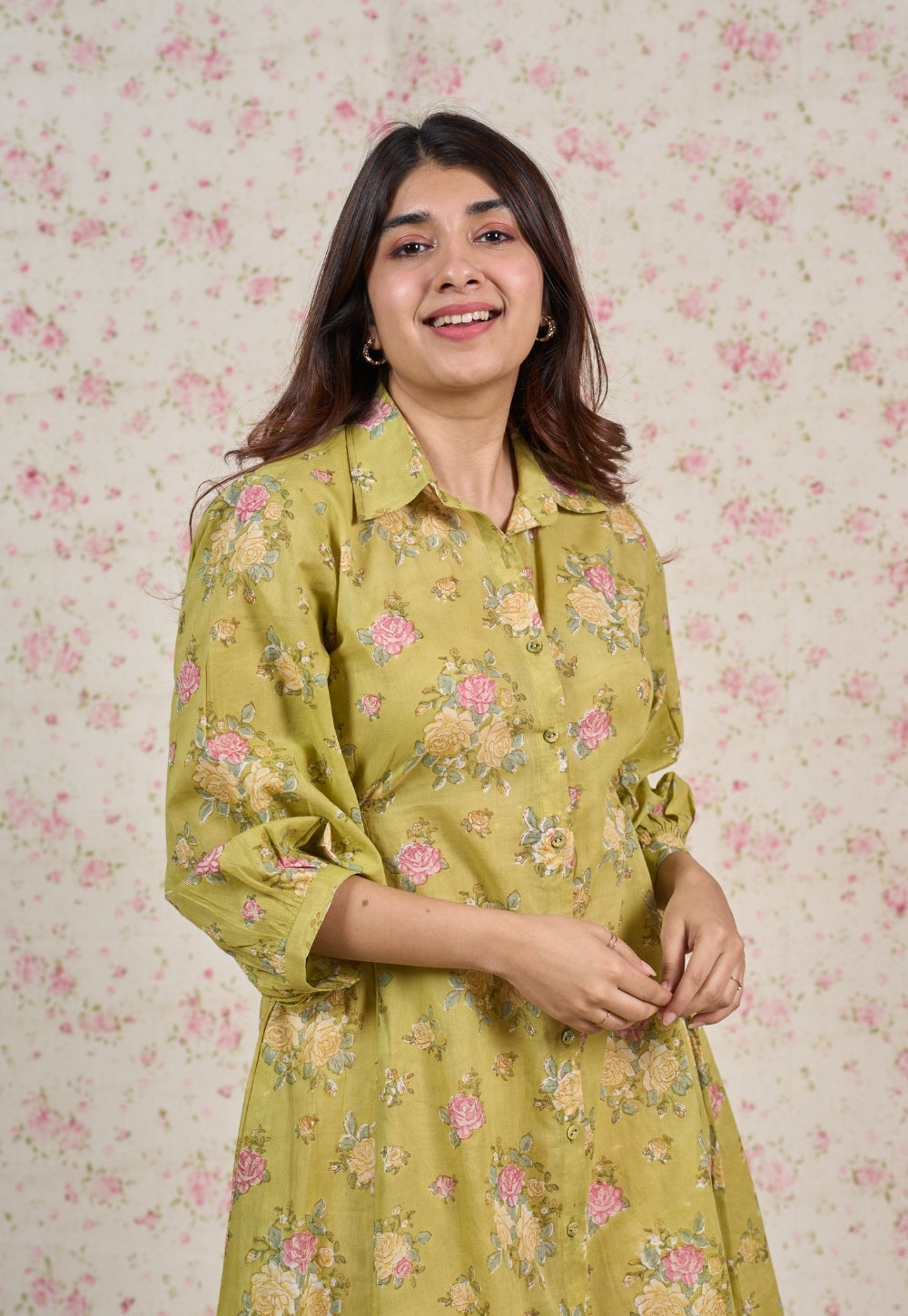 Lily Green Sanganeri Mul Cotton A Line Dress