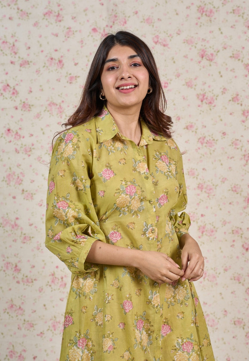 Lily Green Sanganeri Mul Cotton A Line Dress