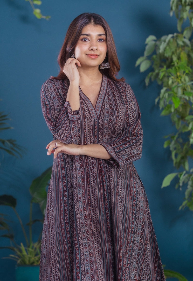 Jinal Black Ajrakh Cotton Kali Kurta