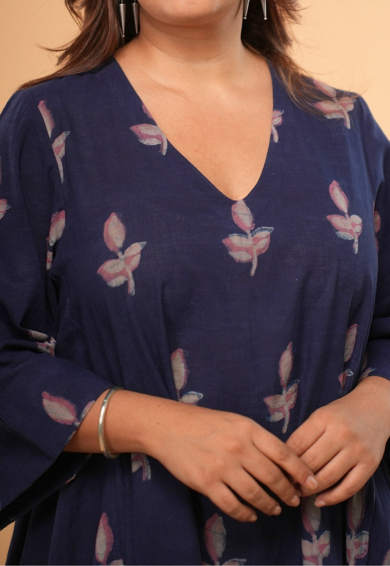 Vidya Blue Dabu Slub Cotton A Line Dress