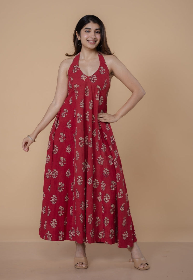 Sanyukta Red Dabu Slub Cotton A Line Dress