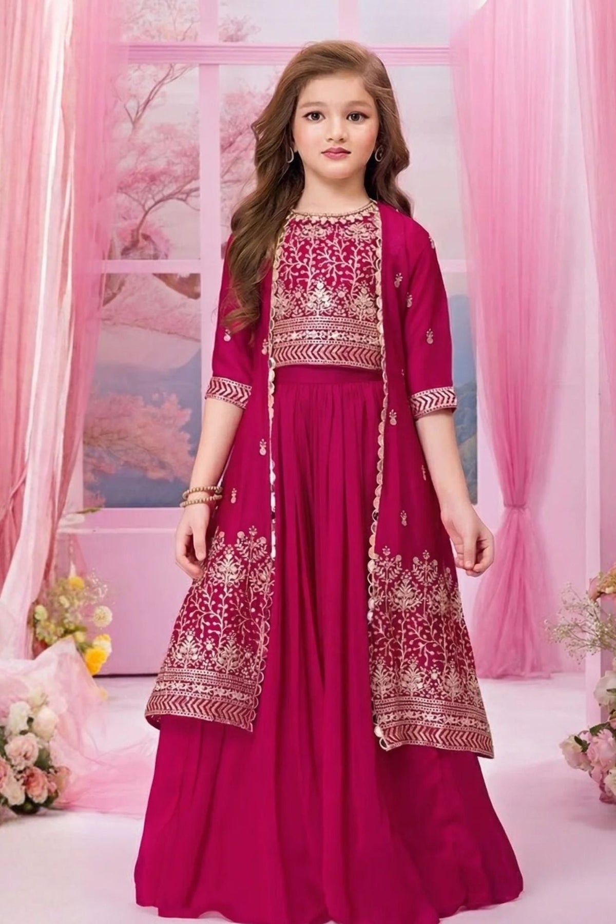 Rani Pink Embroidered Palazzo Set with Jacket For Girls