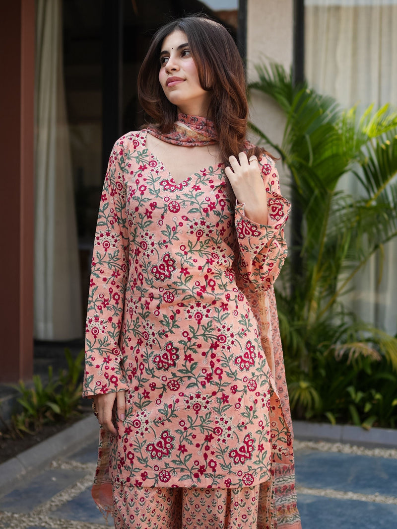 Peach Love Pink Cotton Kurta Set with Farshi Salwar and Kota Doriya Dupatta