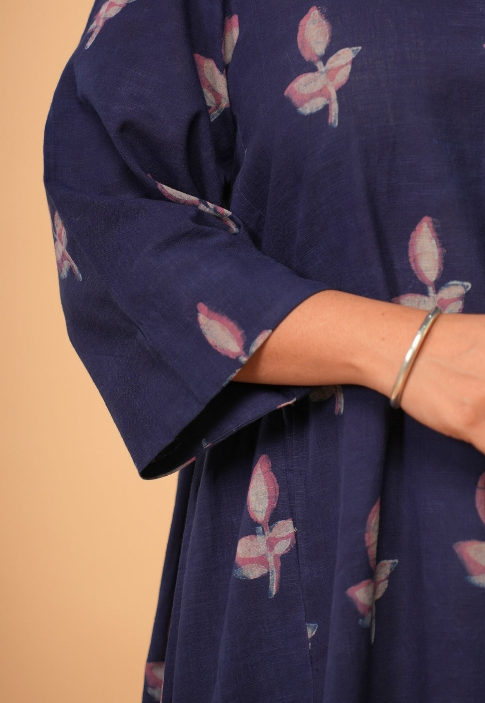 Vidya Blue Dabu Slub Cotton A Line Dress
