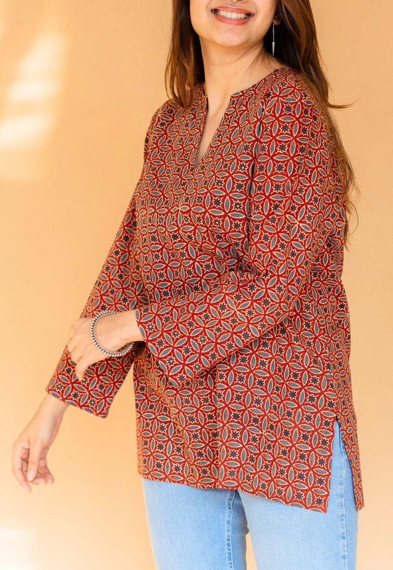 Karvi Red Ajrakh Cotton Straight Short Top with Embroidery