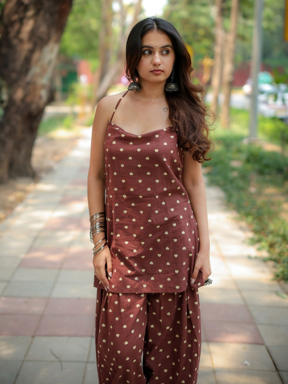 Daisy Dusk Coffee Farshi Salwar Set with Halter Neck Kurta