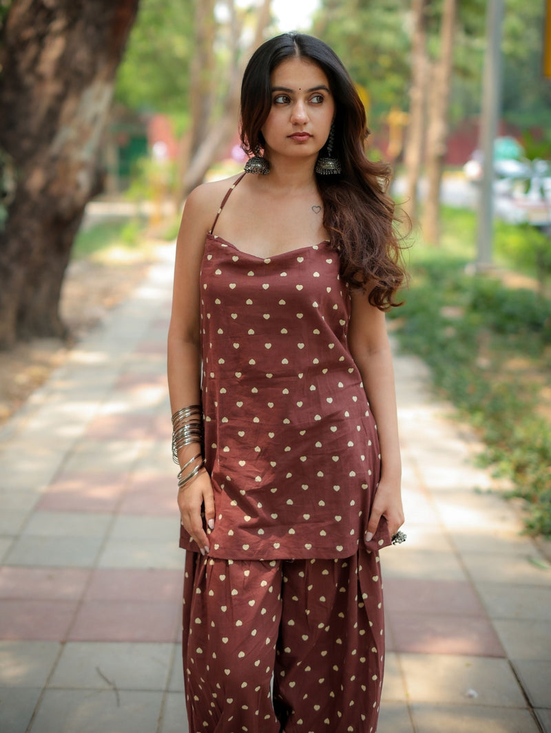 Daisy Dusk Coffee Farshi Salwar Set with Halter Neck Kurta