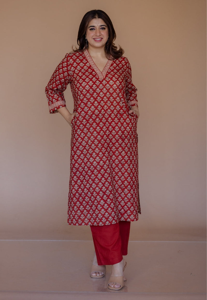 Shanza Red Bagru Cotton Straight Kurta