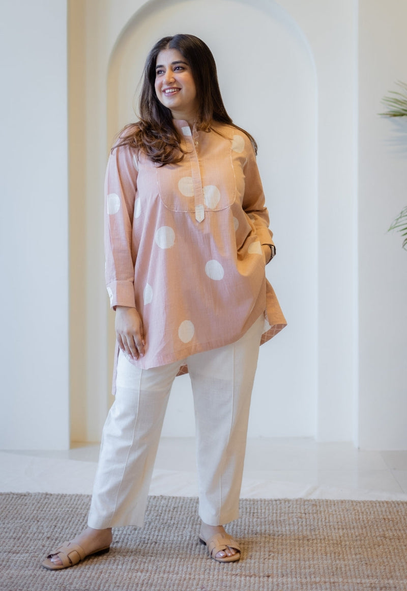 Naaz Peach Hand Block Print Slub Cotton A Line Short Top with Hand Embroidery