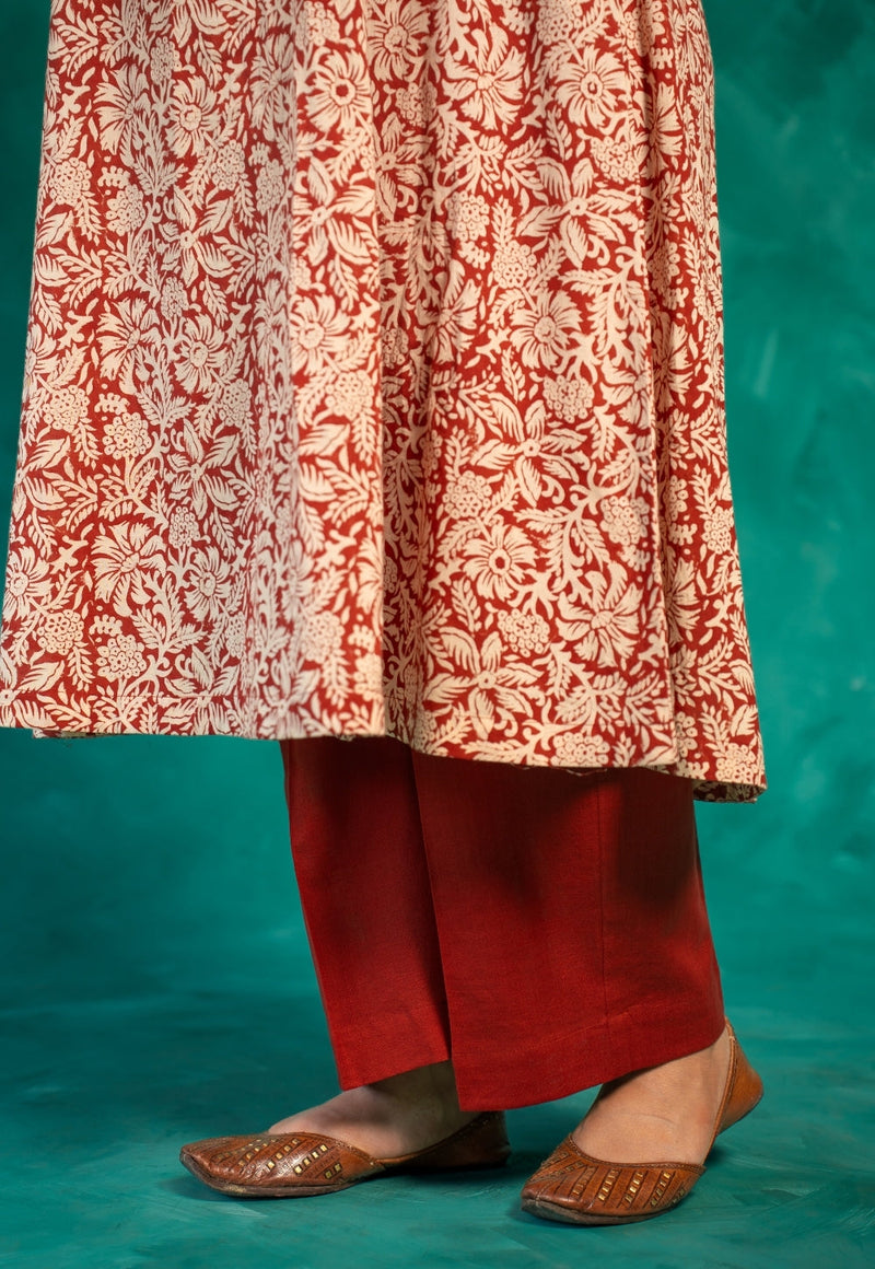 Yashi Red Solid Slub Cotton Straight Pant