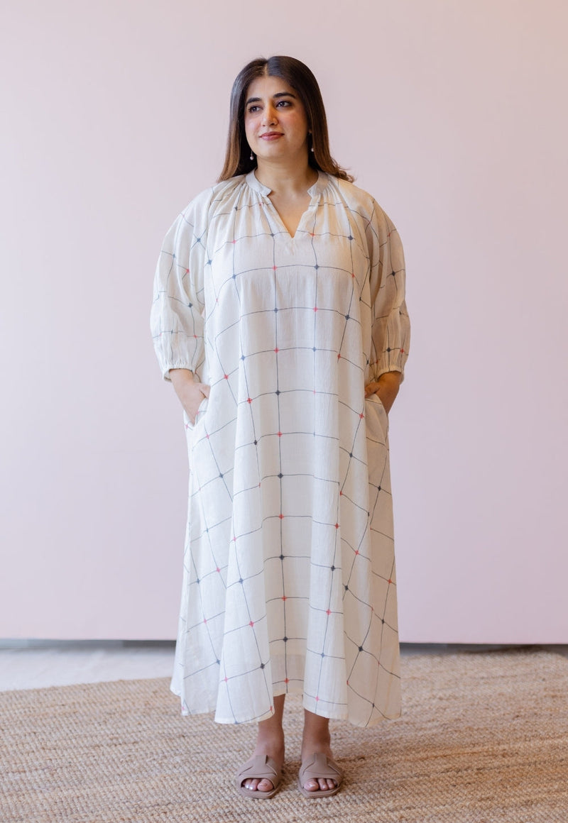 Eva Off White Jamdani Handloom Cotton Anti-Fit Dress