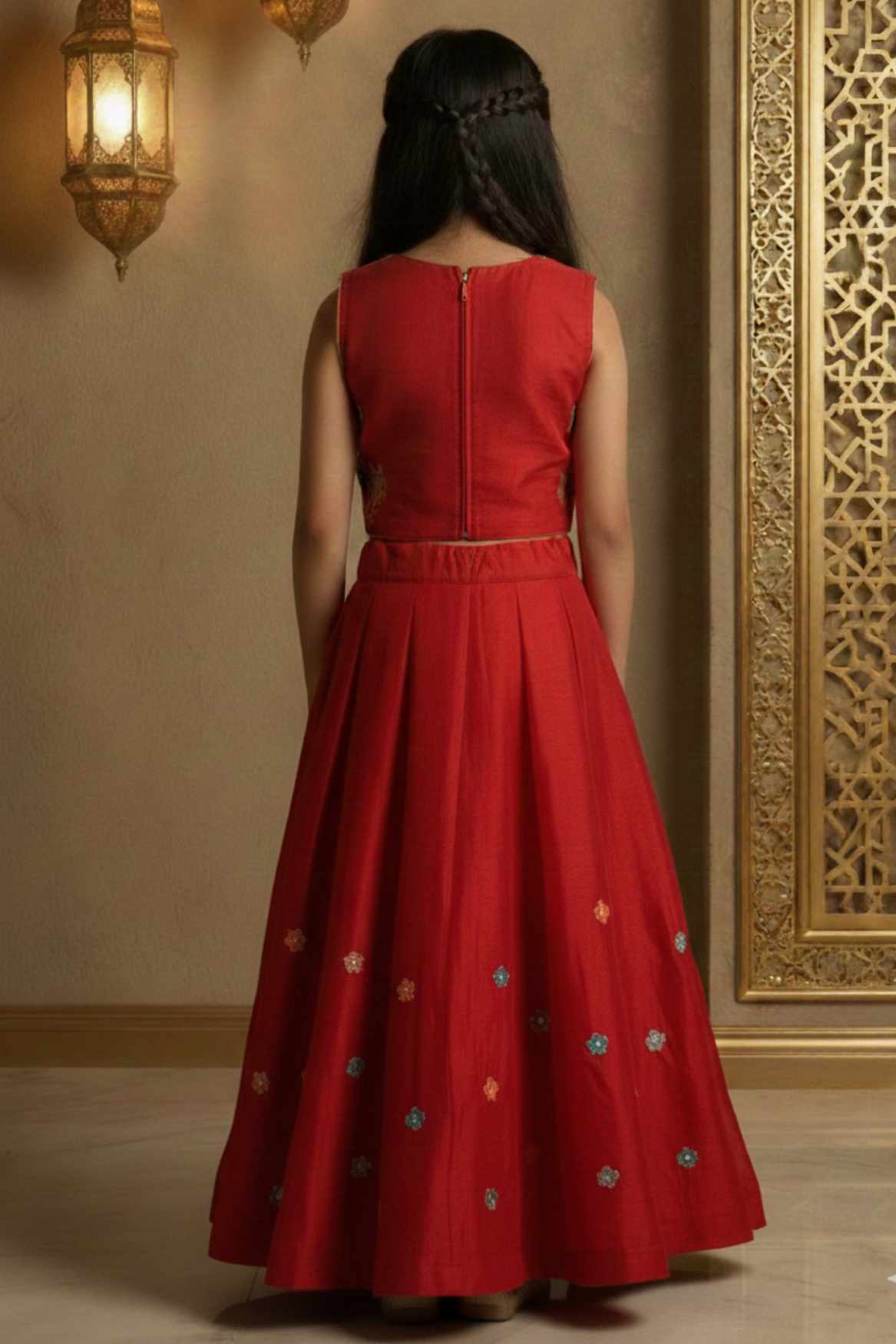 Red Embroidered Lehenga Choli Set with Net Dupatta For Girls