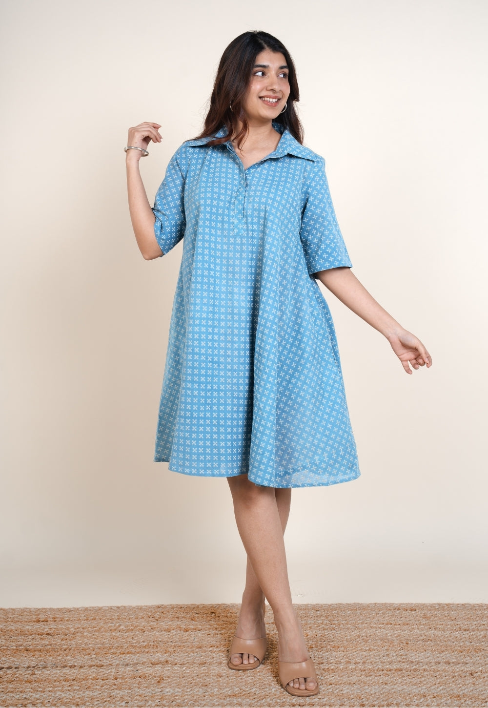 Srisha Blue Ajrakh Cotton A Line Dress