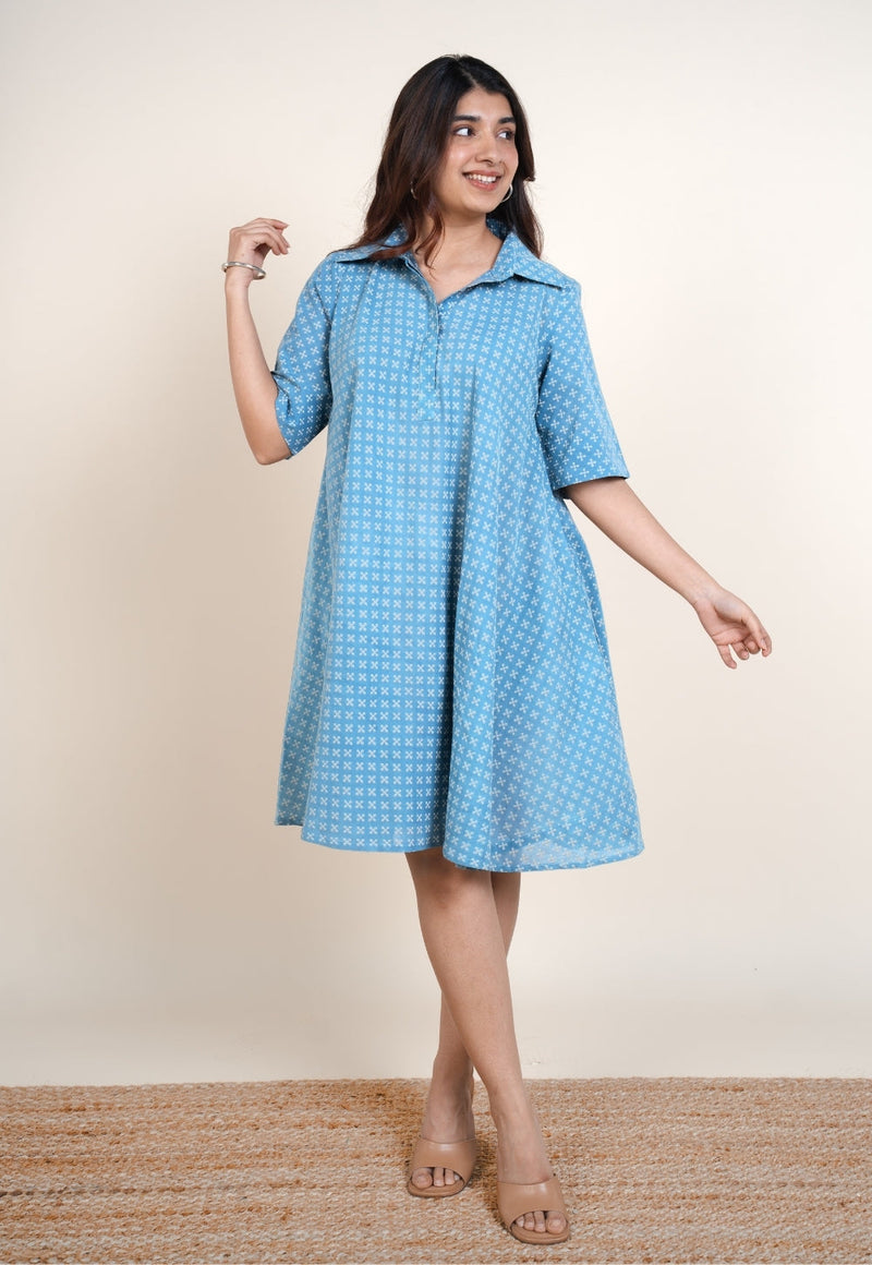 Srisha Blue Ajrakh Cotton A Line Dress