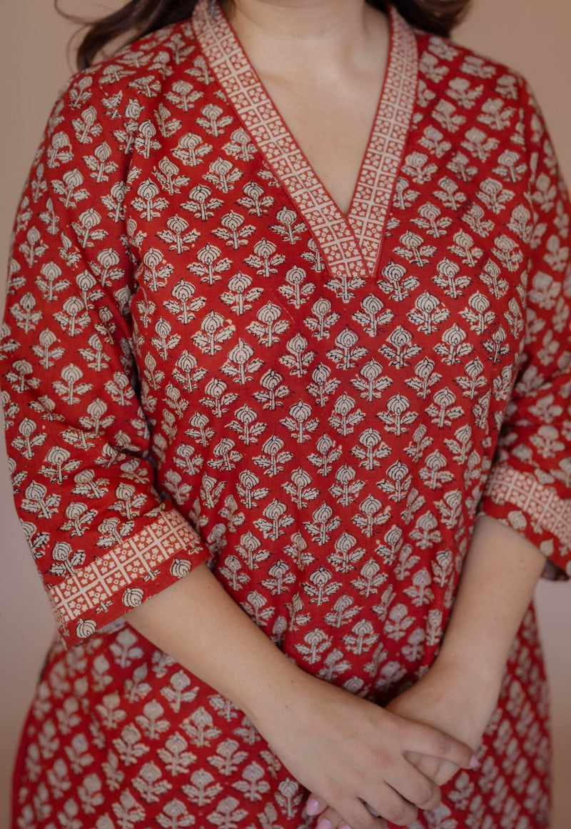 Shanza Red Bagru Cotton Straight Kurta