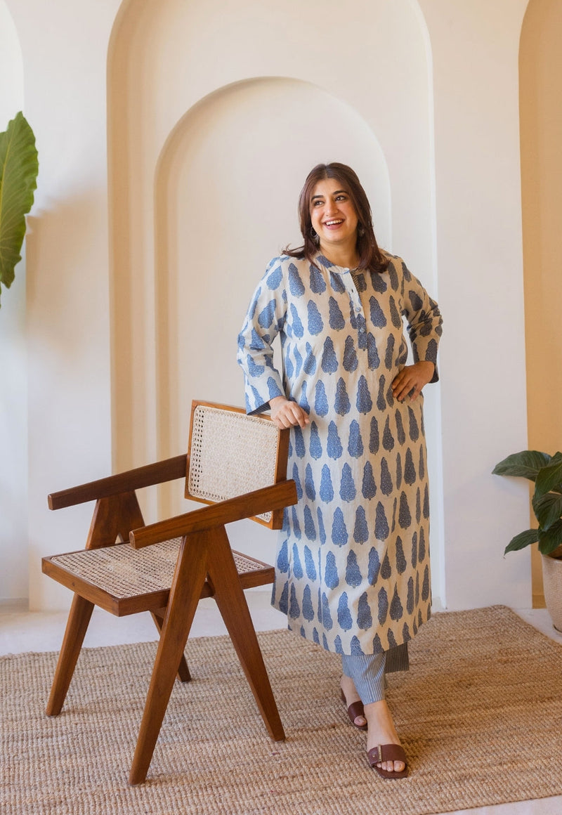 Azha Blue Ajrakh Cotton Straight Kurta