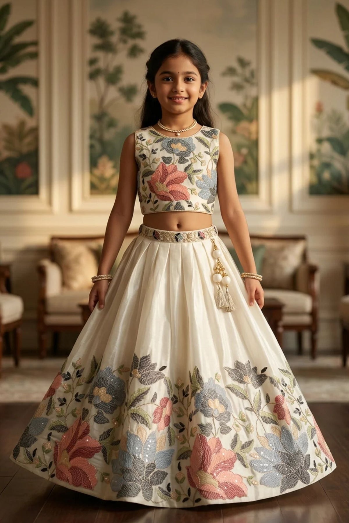 Cream Floral Embroidered Lehenga Choli And Dupatta For Girls