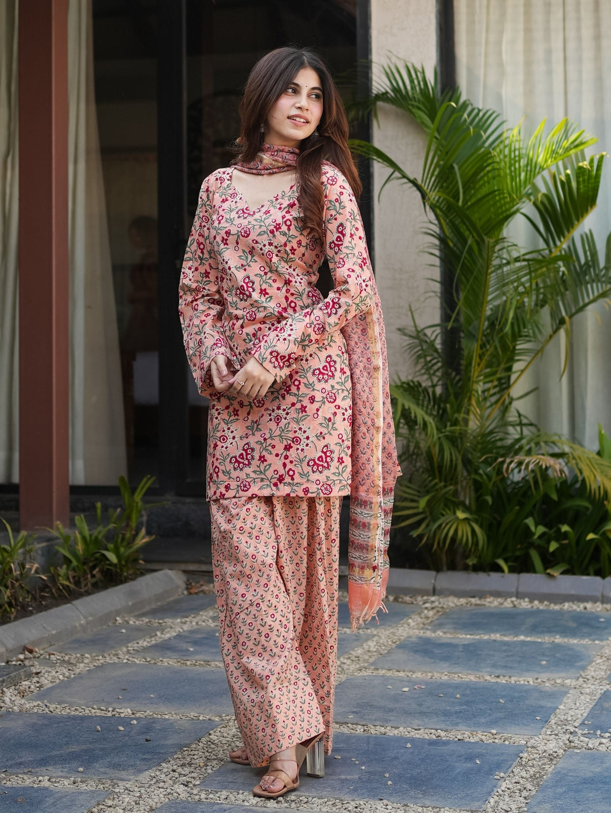 Peach Love Pink Cotton Kurta Set with Farshi Salwar and Kota Doriya Dupatta