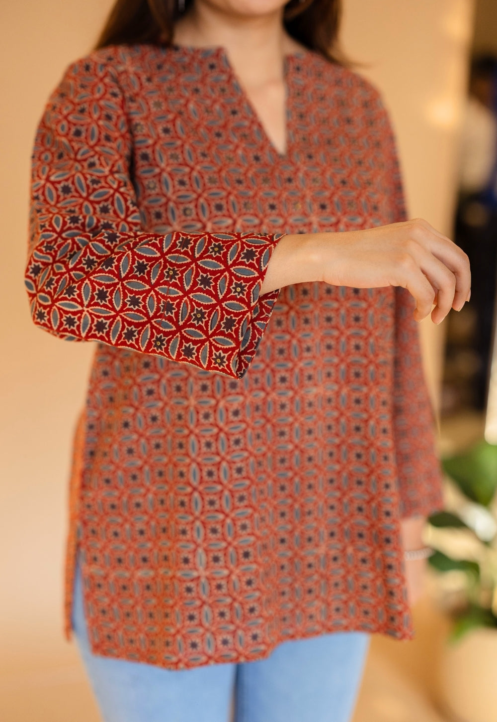 Karvi Red Ajrakh Cotton Straight Short Top with Embroidery