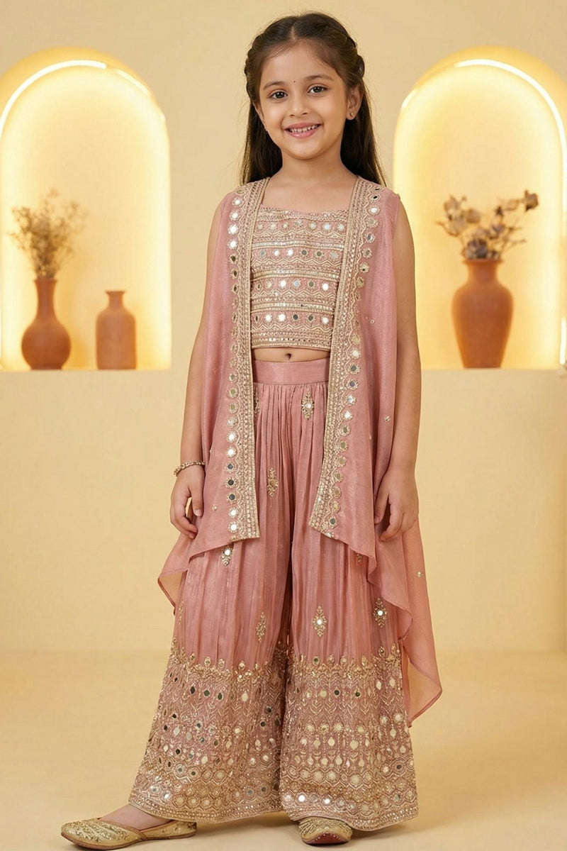 Onion Pink Mirror Embroidered Palazzo Set With Jacket For Girls