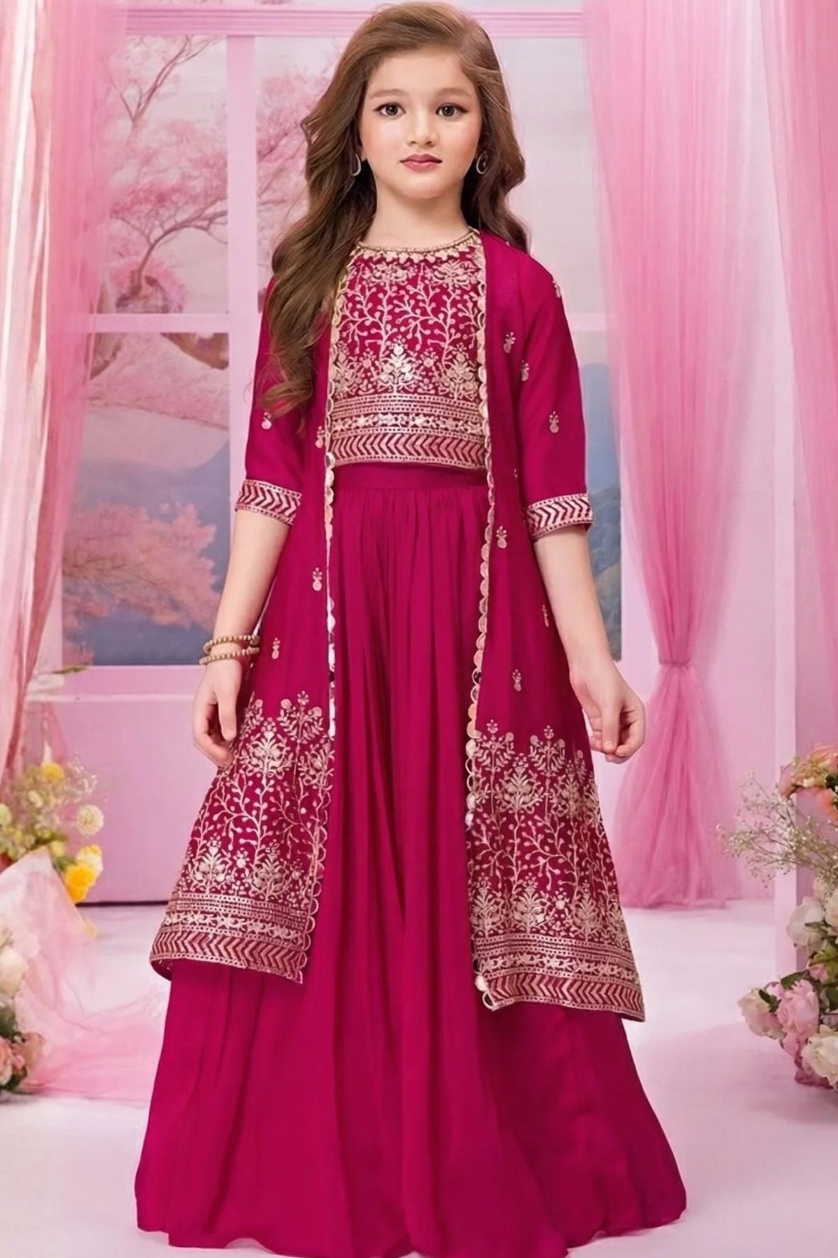 Rani Pink Embroidered Palazzo Set with Jacket For Girls
