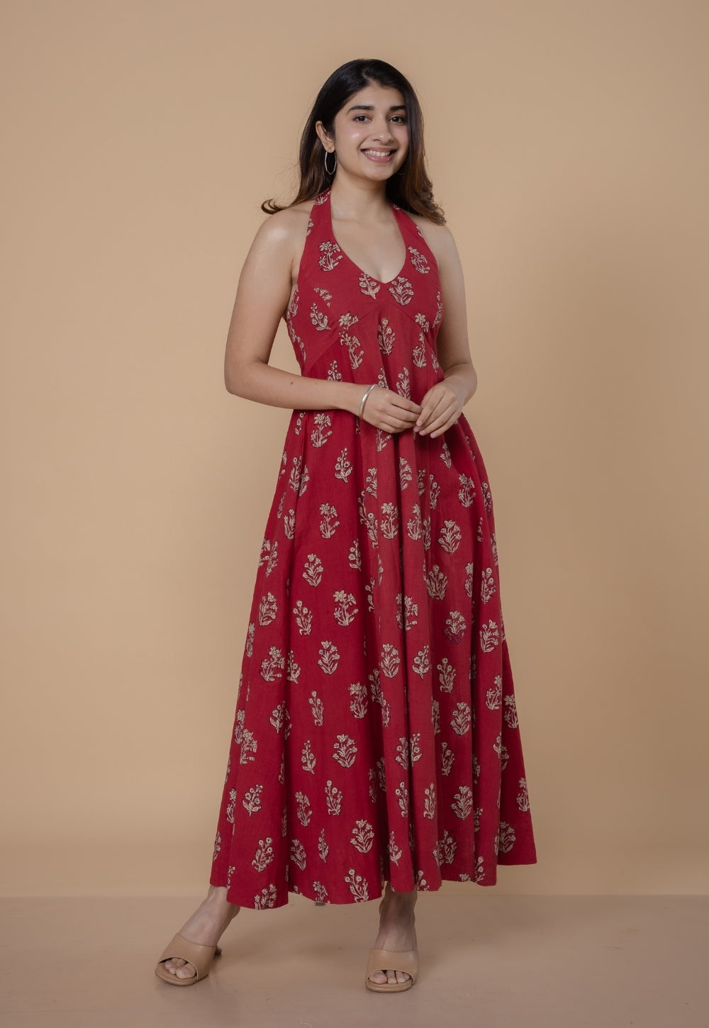 Sanyukta Red Dabu Slub Cotton A Line Dress