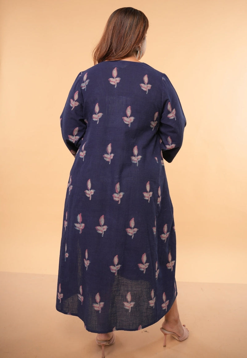 Vidya Blue Dabu Slub Cotton A Line Dress