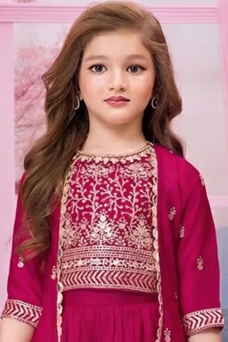 Rani Pink Embroidered Palazzo Set with Jacket For Girls