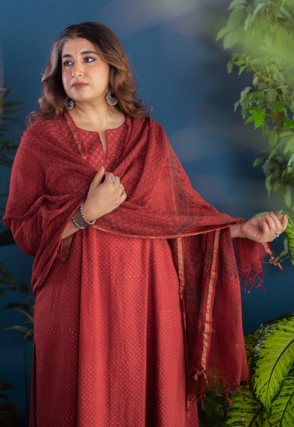 Fariha Red Ajrakh Cotton Kali Kurta with Hand Embroidery