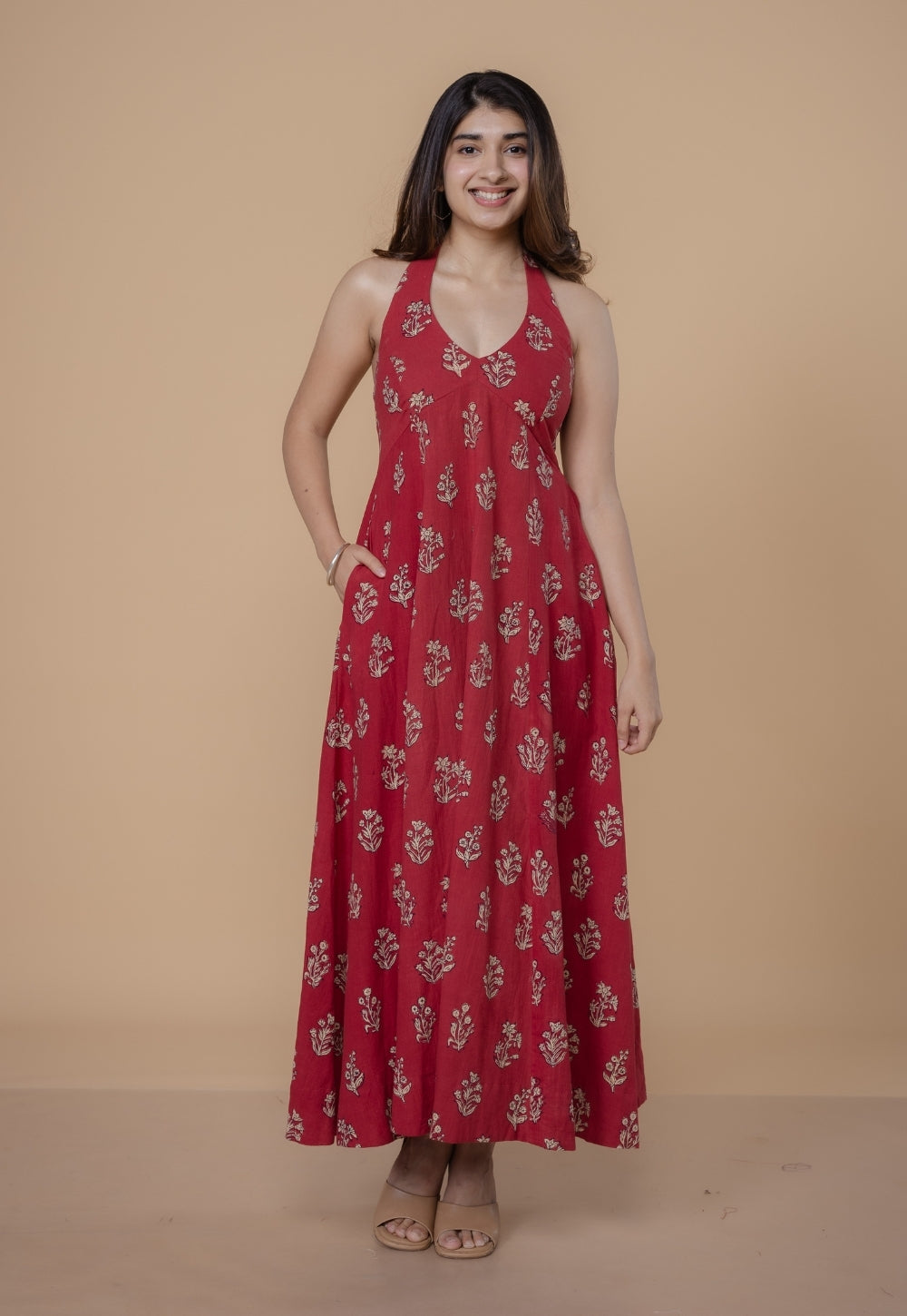 Sanyukta Red Dabu Slub Cotton A Line Dress