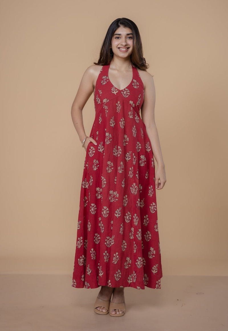 Sanyukta Red Dabu Slub Cotton A Line Dress
