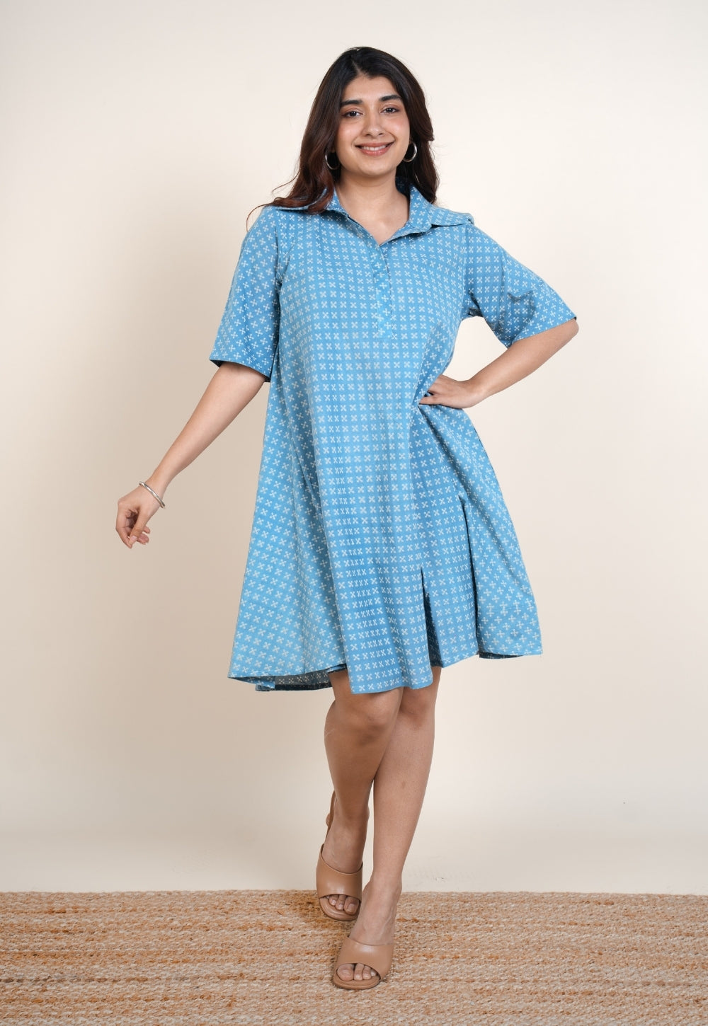 Srisha Blue Ajrakh Cotton A Line Dress