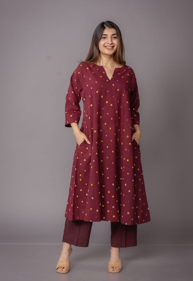 Nyra Red Bandhani Cotton Jhabbha Kali Kurta