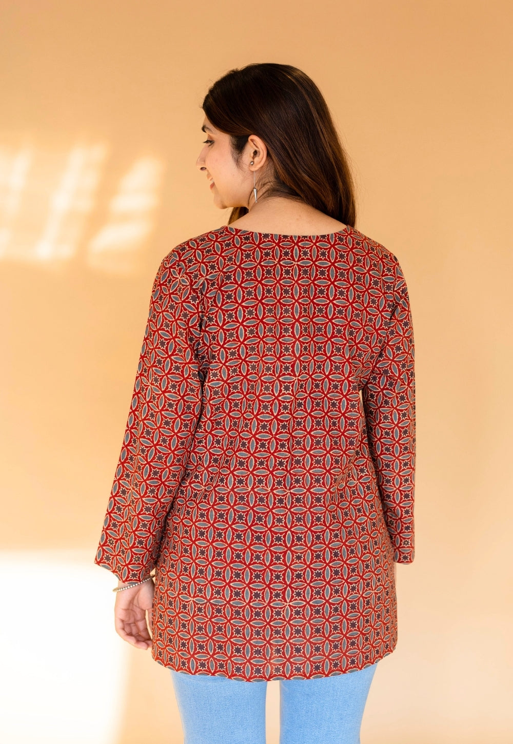 Karvi Red Ajrakh Cotton Straight Short Top with Embroidery