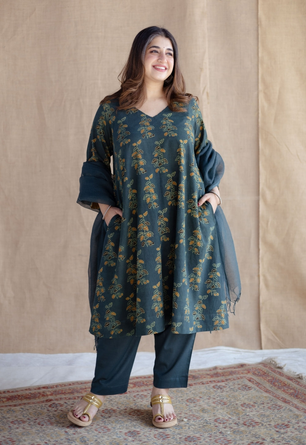Sayali Green Ajrakh Cotton A Line Kurta with Hand Embroidery