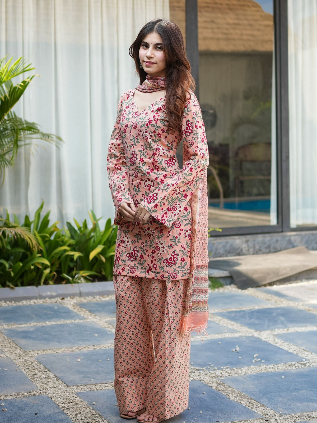 Peach Love Pink Cotton Kurta Set with Farshi Salwar and Kota Doriya Dupatta