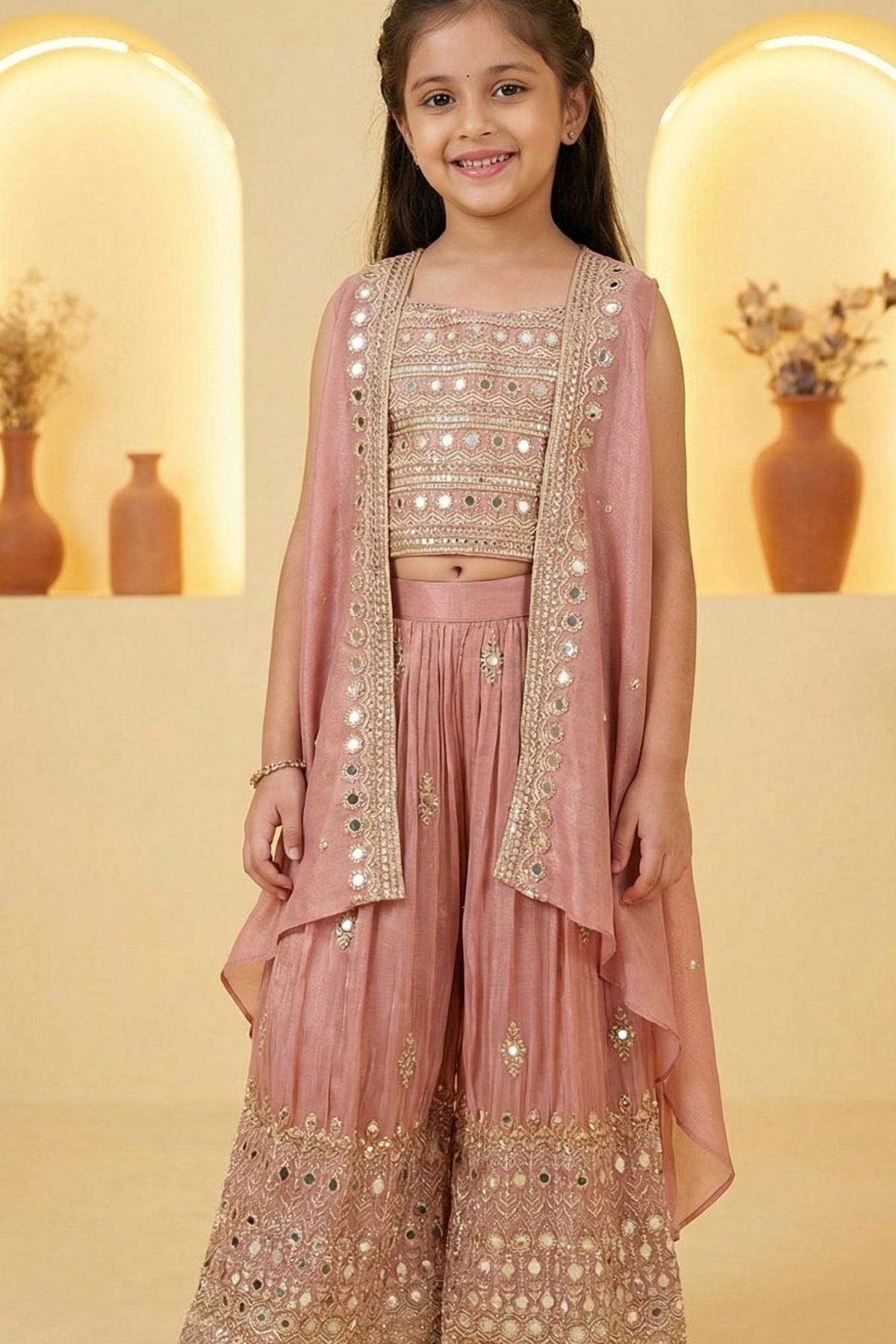 Onion Pink Mirror Embroidered Palazzo Set With Jacket For Girls