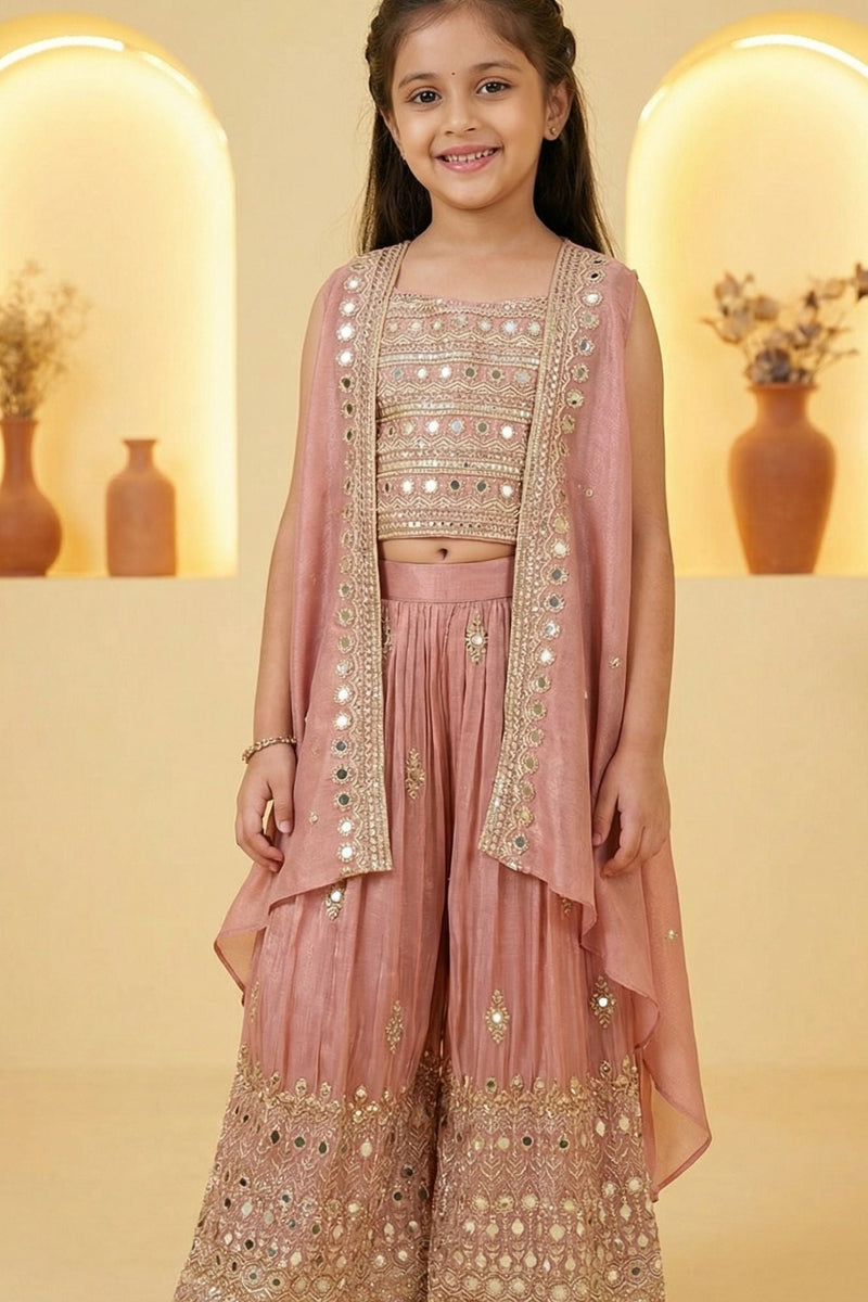 Onion Pink Mirror Embroidered Palazzo Set With Jacket For Girls