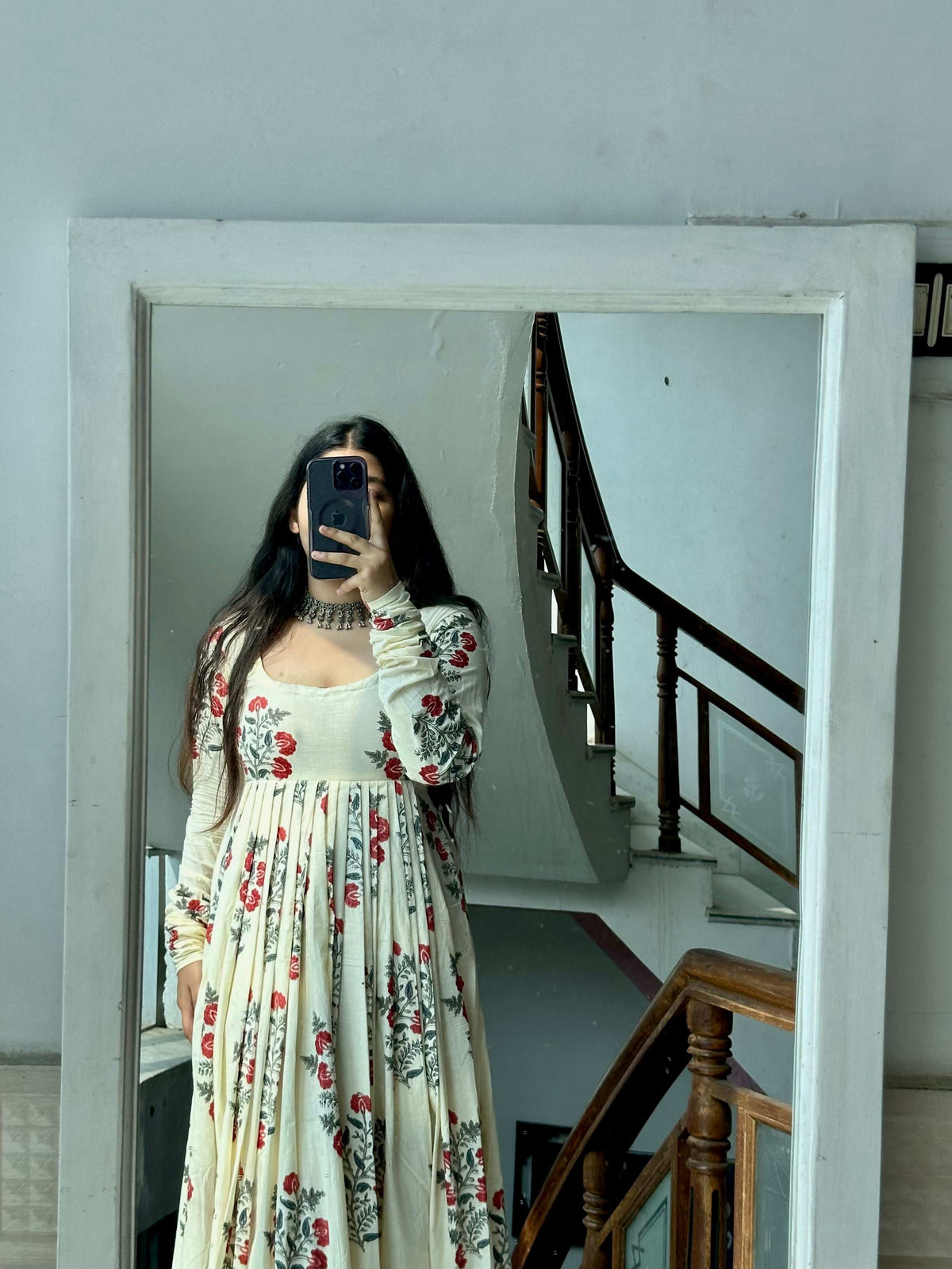 Beige Cotton Printed Reem Gher Kameez