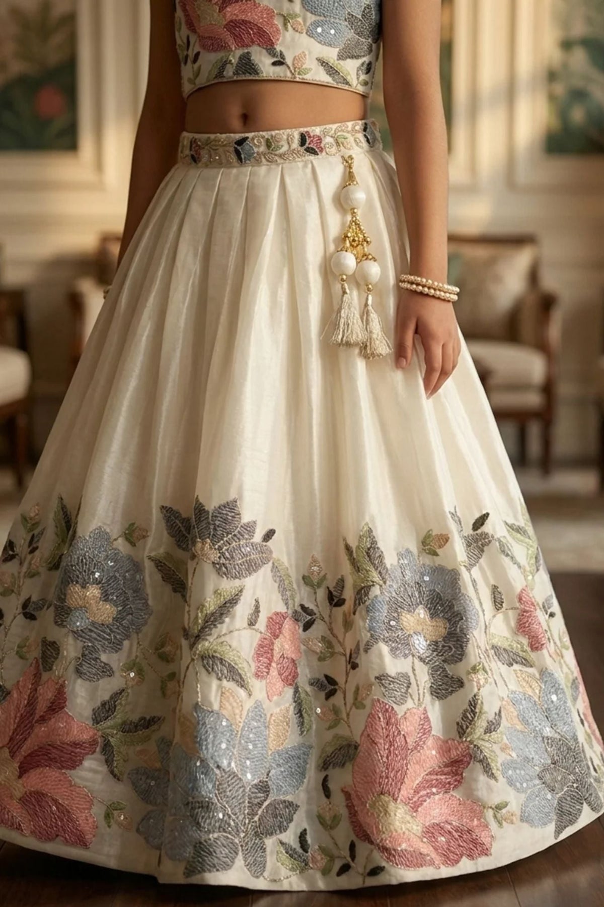 Cream Floral Embroidered Lehenga Choli And Dupatta For Girls