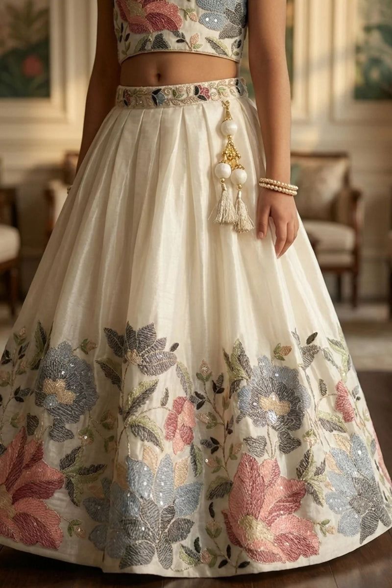 Cream Floral Embroidered Lehenga Choli And Dupatta For Girls
