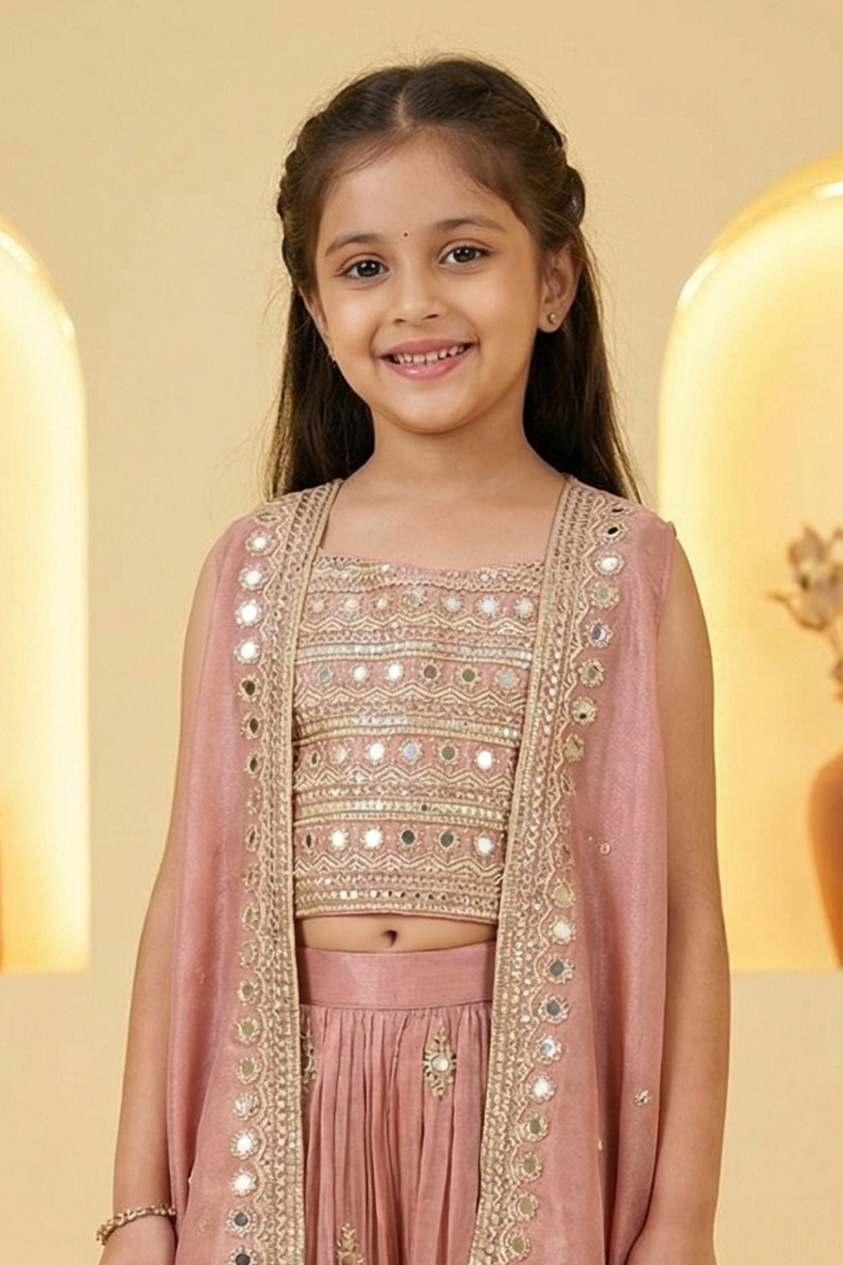 Onion Pink Mirror Embroidered Palazzo Set With Jacket For Girls