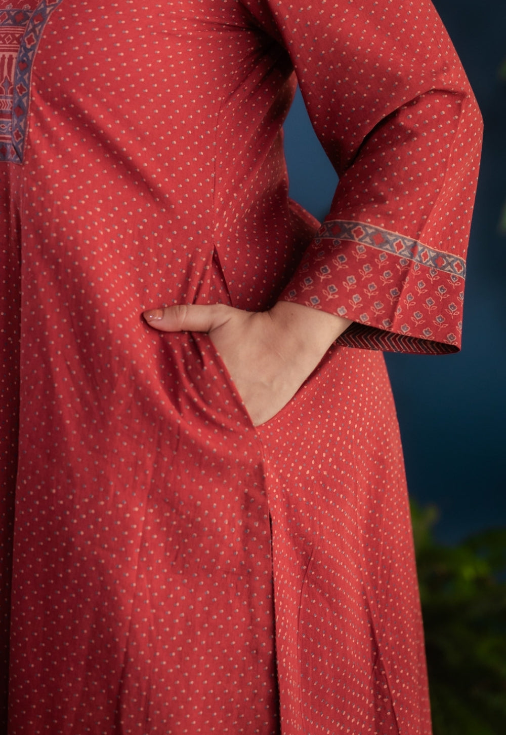 Fariha Red Ajrakh Cotton Kali Kurta with Hand Embroidery