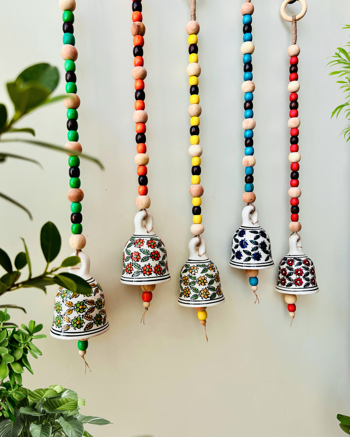 Blossom Beaded Ceramic Bells | With Ceramic wall hooks-Floral MULTICOLOR