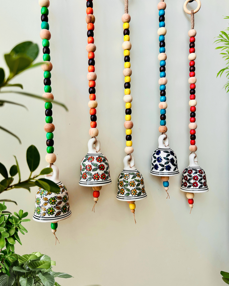 Blossom Beaded Ceramic Bells | With Ceramic wall hooks-Floral MULTICOLOR