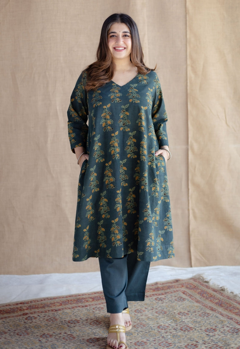 Sayali Green Ajrakh Cotton A Line Kurta with Hand Embroidery